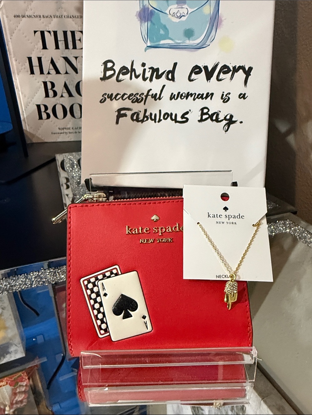 kate spade red leather card & key pouch with playful card charm